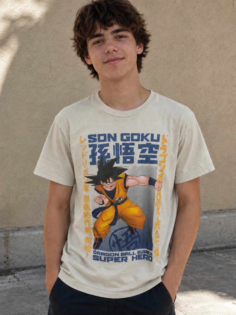 Dragon Ball Super Son Goku Graphic T-Shirt Beige Anime Tee Men's Small